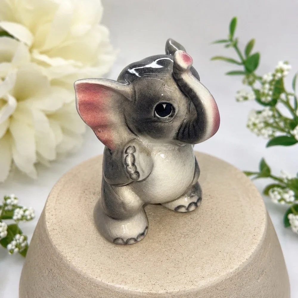 Mini Vintage Japan Porcelain Baby Elephant Figurine MCM Wealth Decor Kitsch 3